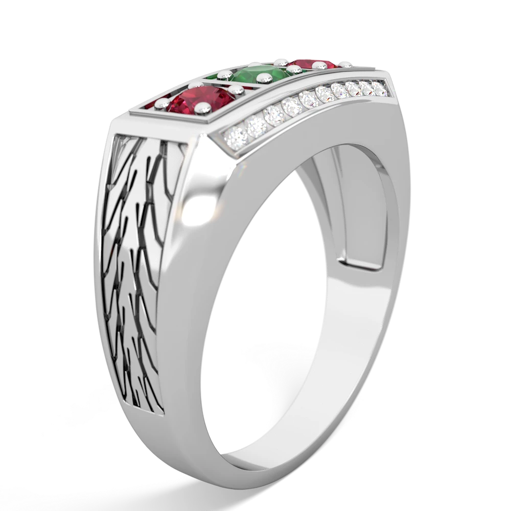 Emerald Three Stone Tire Tread Men's 14K White Gold ring R0520