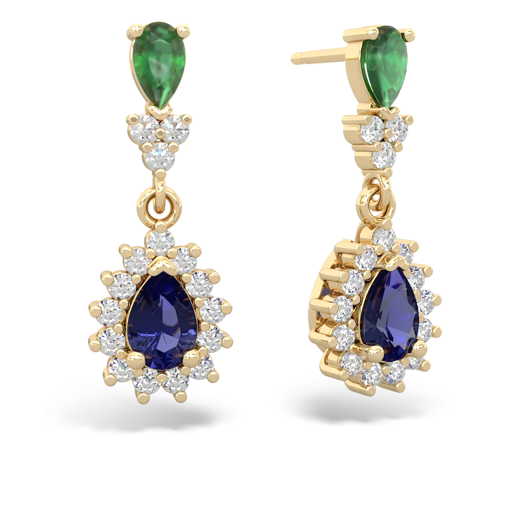 Emerald Halo Pear Dangle 14K Yellow Gold earrings E1882