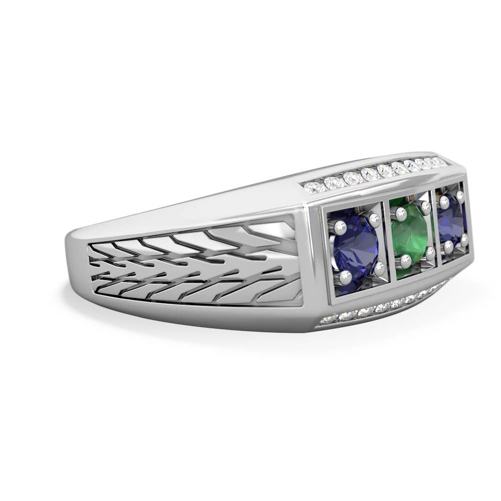 Emerald Three Stone Tire Tread Men's 14K White Gold ring R0520