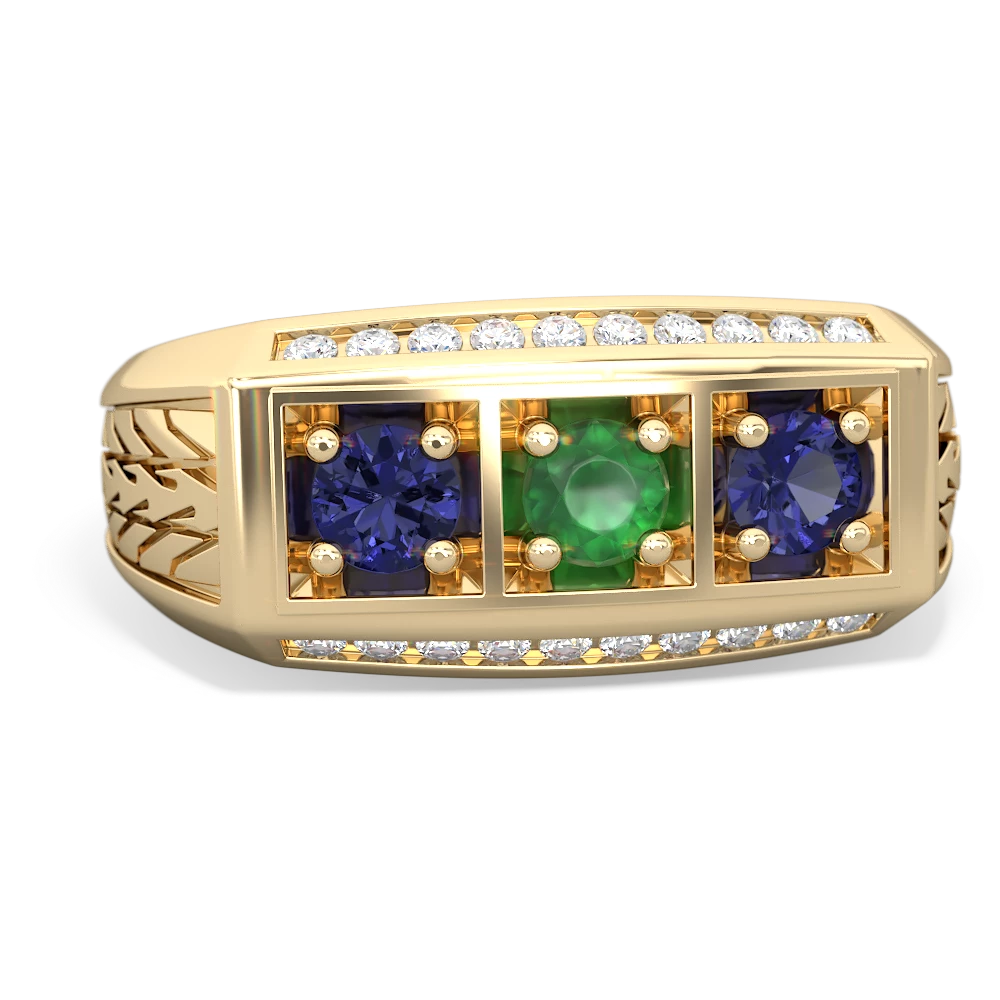 Emerald Three Stone Tire Tread Men's 14K Yellow Gold ring R0520