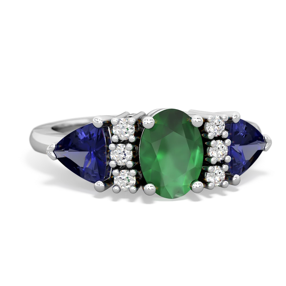 Emerald Antique Style Three Stone 14K White Gold ring R2186