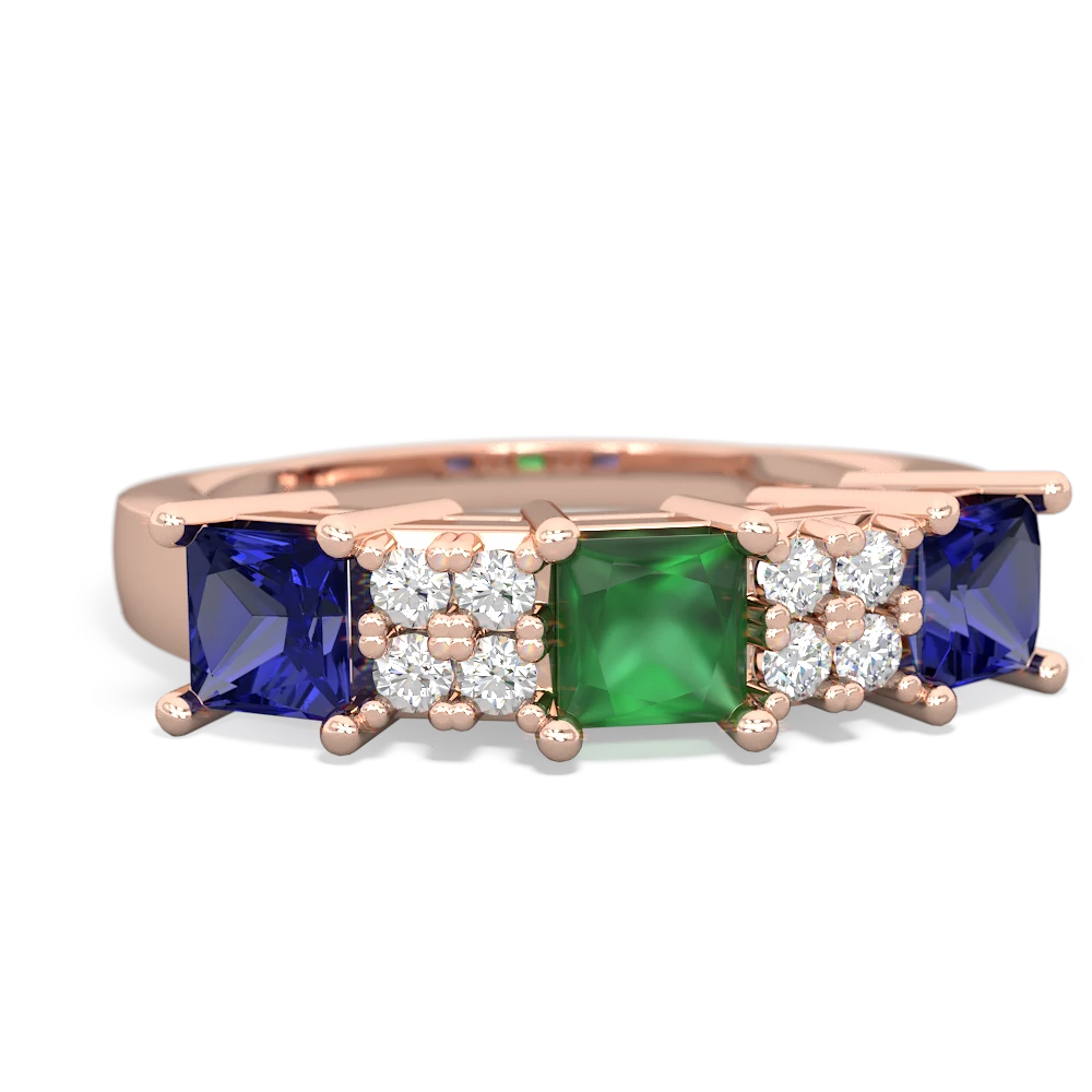 Emerald Three Stone Diamond Cluster 14K Rose Gold ring R2592