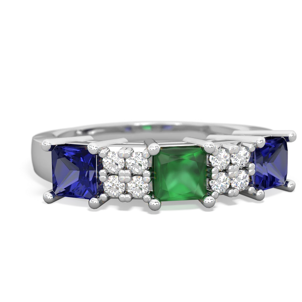 Emerald Three Stone Diamond Cluster 14K White Gold ring R2592