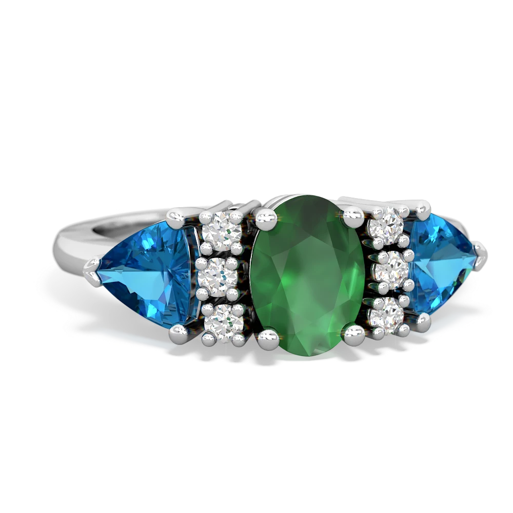 Emerald Antique Style Three Stone 14K White Gold ring R2186