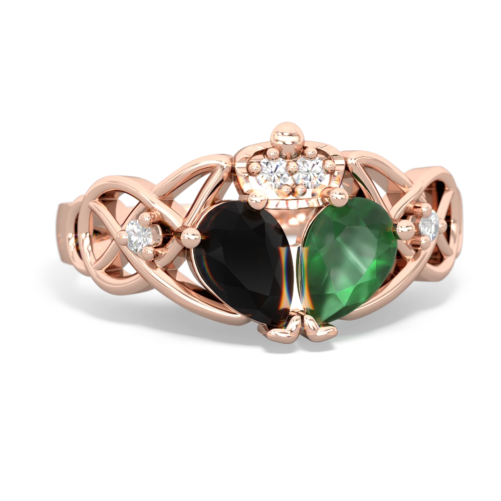 Emerald 'One Heart' Celtic Knot Claddagh 14K Rose Gold ring R5322