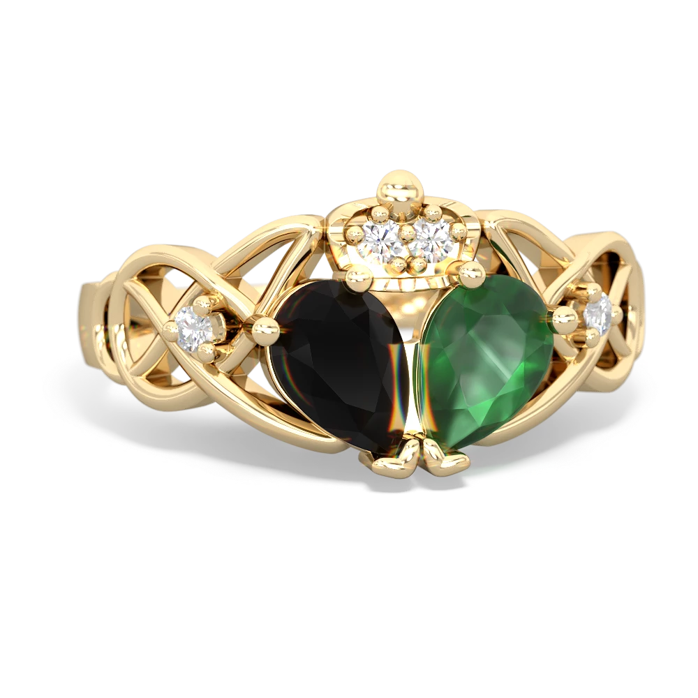 Emerald 'One Heart' Celtic Knot Claddagh 14K Yellow Gold ring R5322