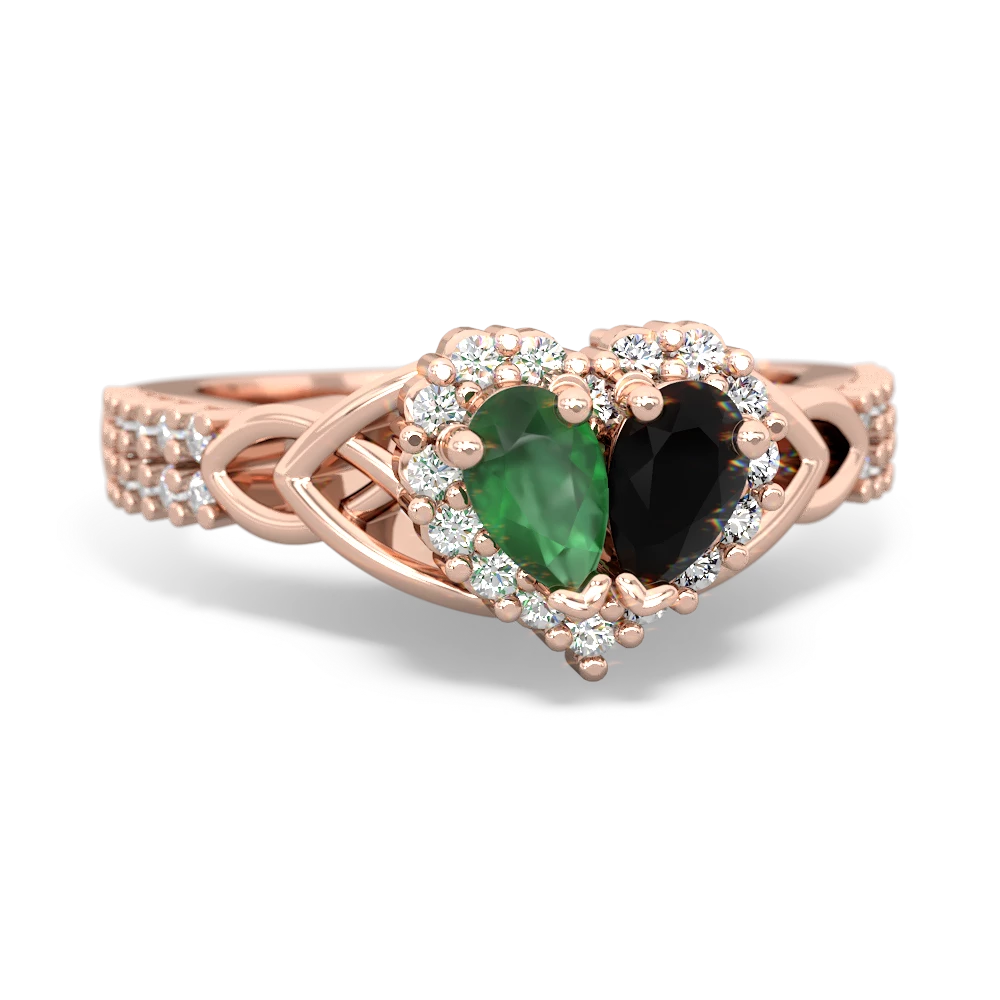 Emerald Celtic Knot Two Hearts As One 14K Rose Gold ring R2644HRT