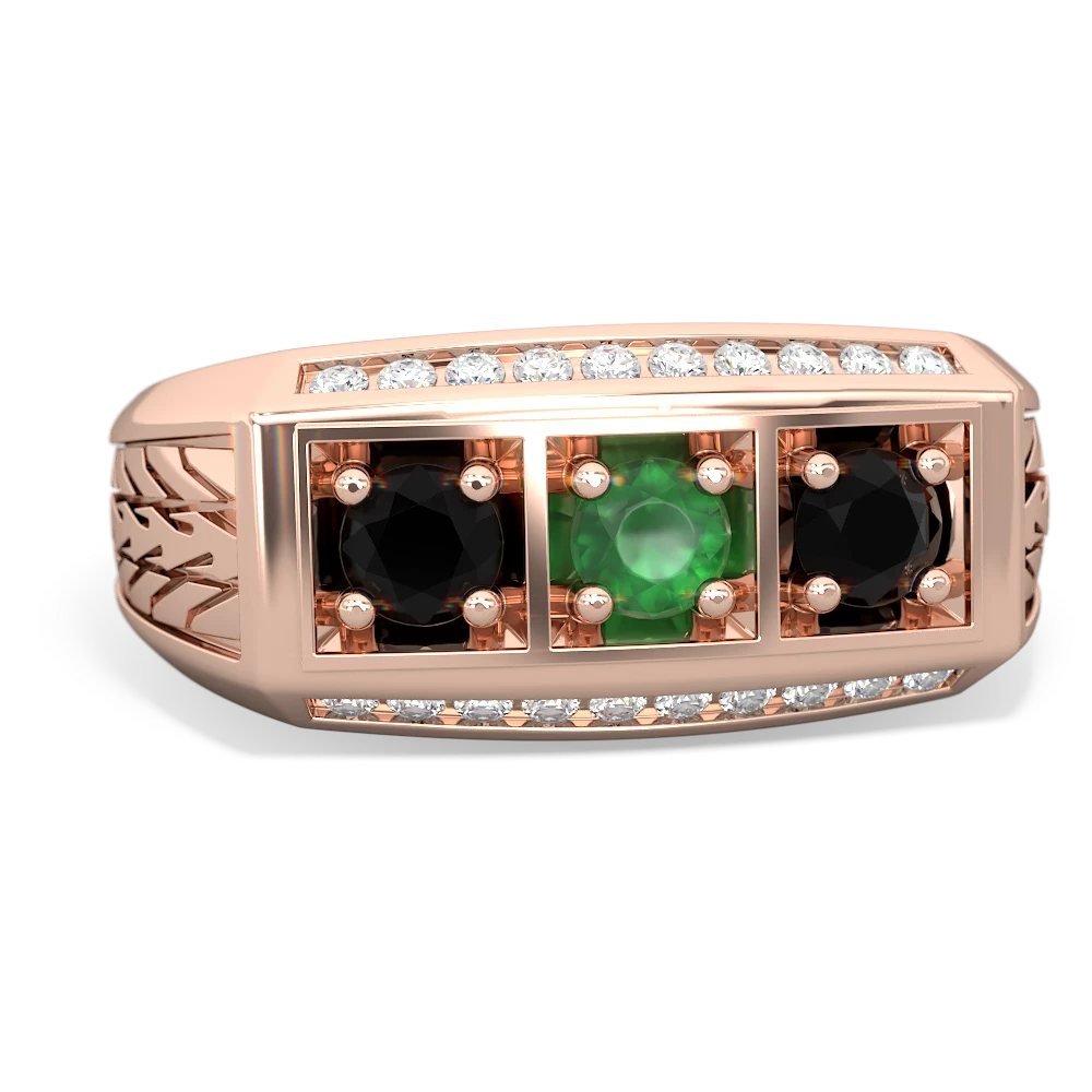 Emerald Three Stone Tire Tread Men's 14K Rose Gold ring R0520