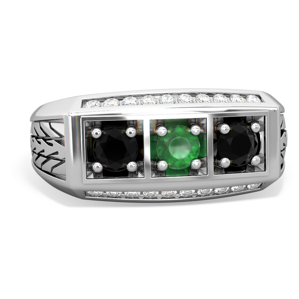 Emerald Three Stone Tire Tread Men's 14K White Gold ring R0520