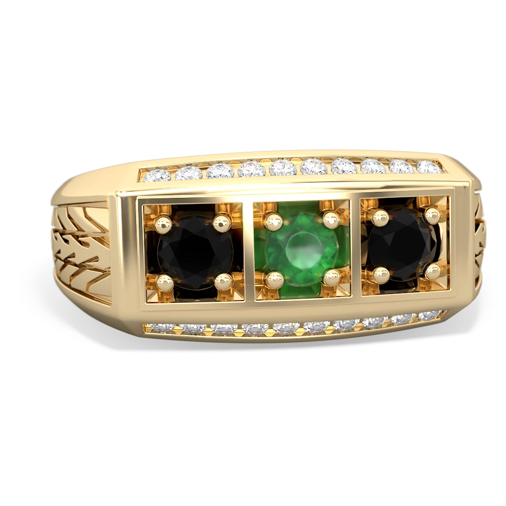 Emerald Three Stone Tire Tread Men's 14K Yellow Gold ring R0520