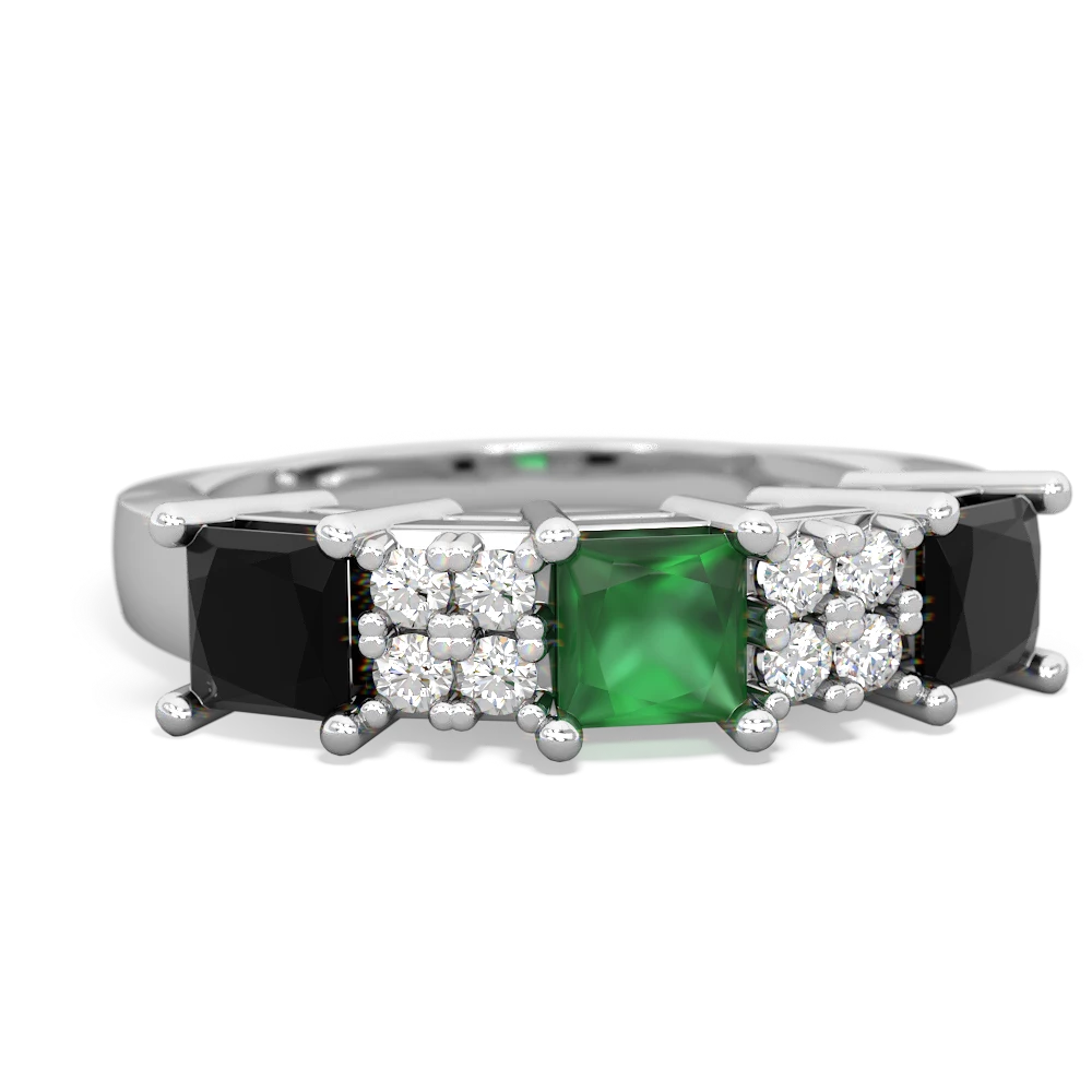 Emerald Three Stone Diamond Cluster 14K White Gold ring R2592