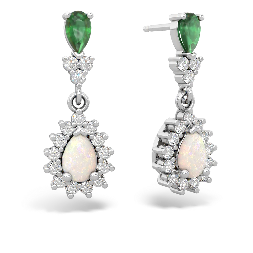 Emerald Halo Pear Dangle 14K White Gold earrings E1882