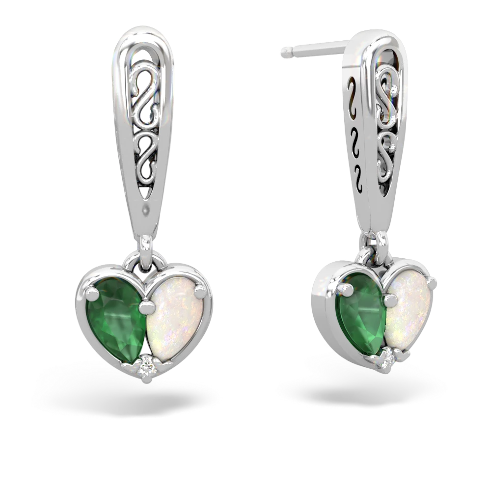 Emerald Filligree Heart 14K White Gold earrings E5070