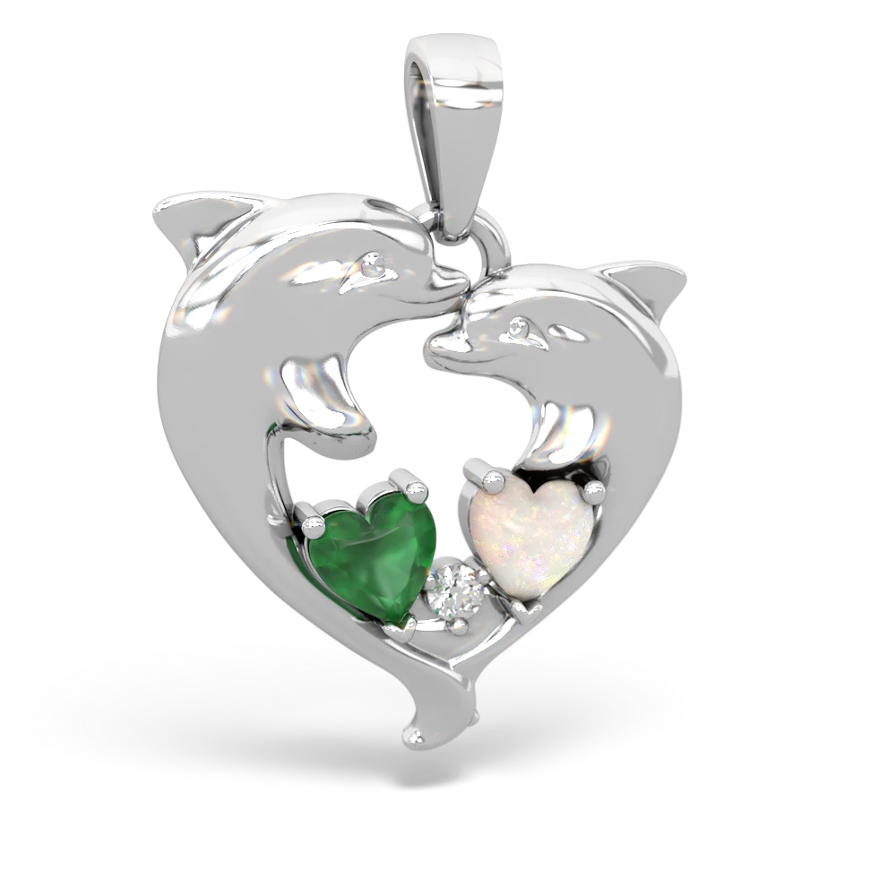 Emerald Dolphin Heart 14K White Gold pendant P5820