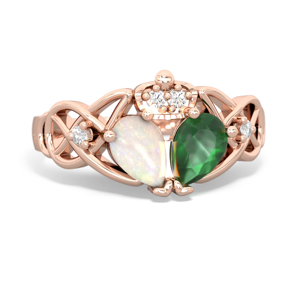 Emerald 'One Heart' Celtic Knot Claddagh 14K Rose Gold ring R5322