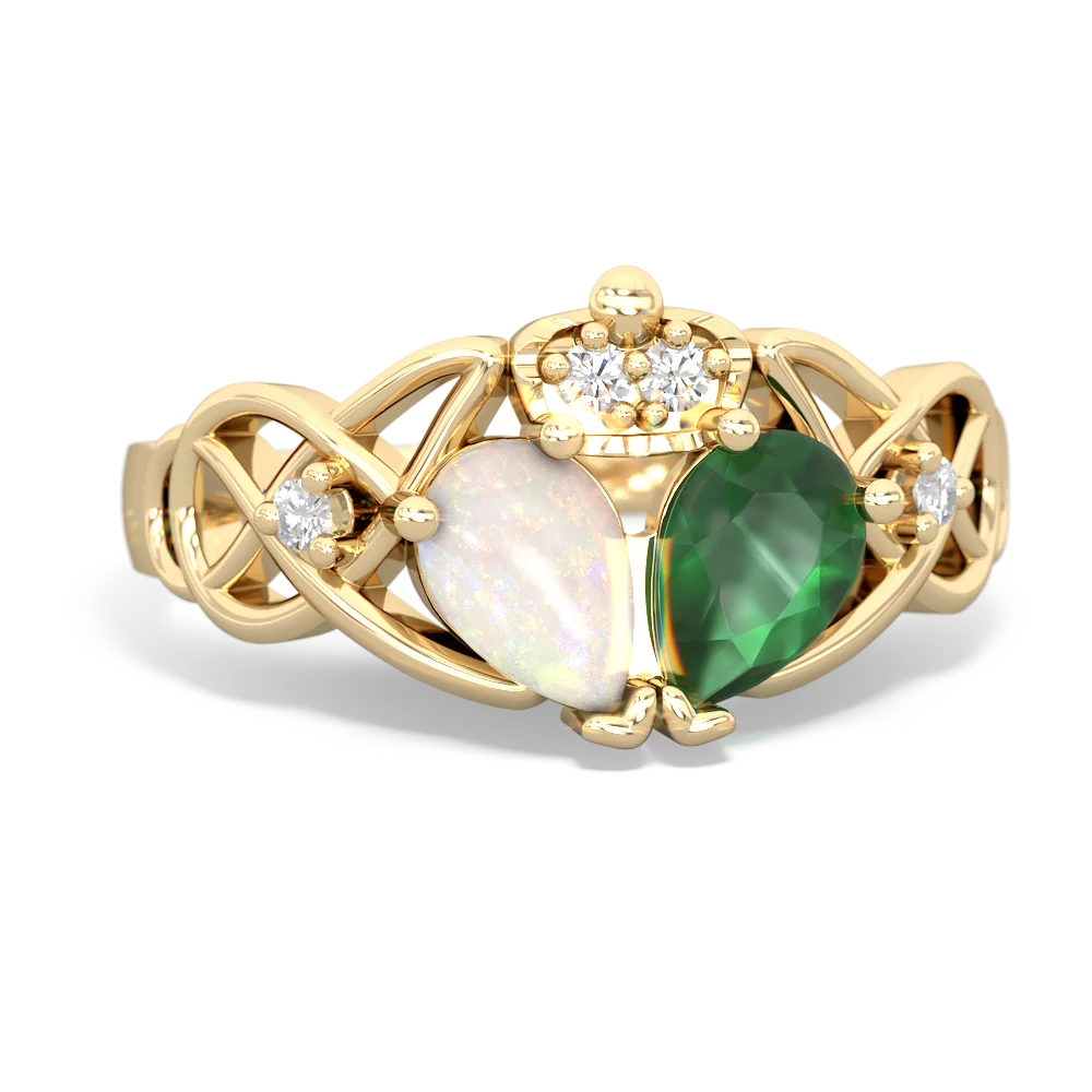 Emerald 'One Heart' Celtic Knot Claddagh 14K Yellow Gold ring R5322