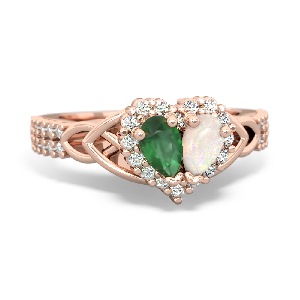 Emerald Celtic Knot Two Hearts As One 14K Rose Gold ring R2644HRT