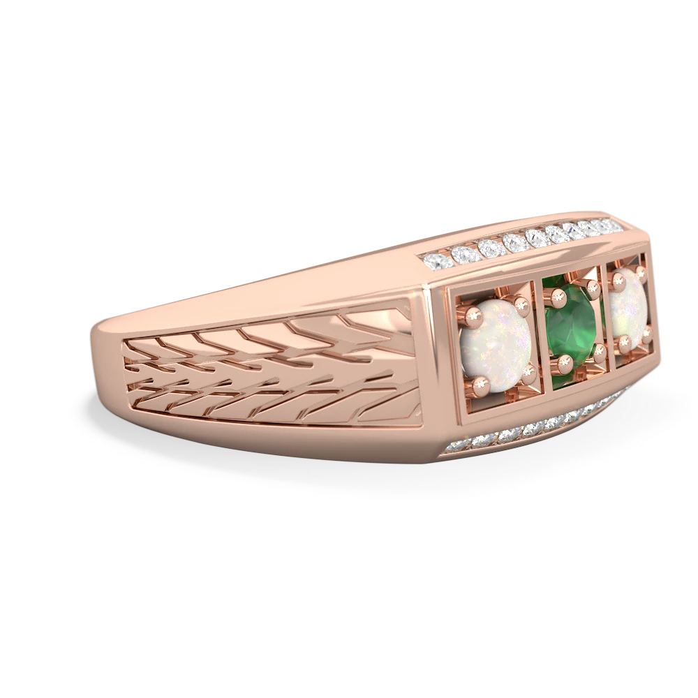 Emerald Three Stone Tire Tread Men's 14K Rose Gold ring R0520