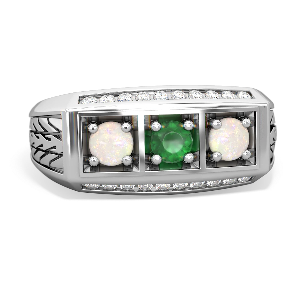 Emerald Three Stone Tire Tread Men's 14K White Gold ring R0520