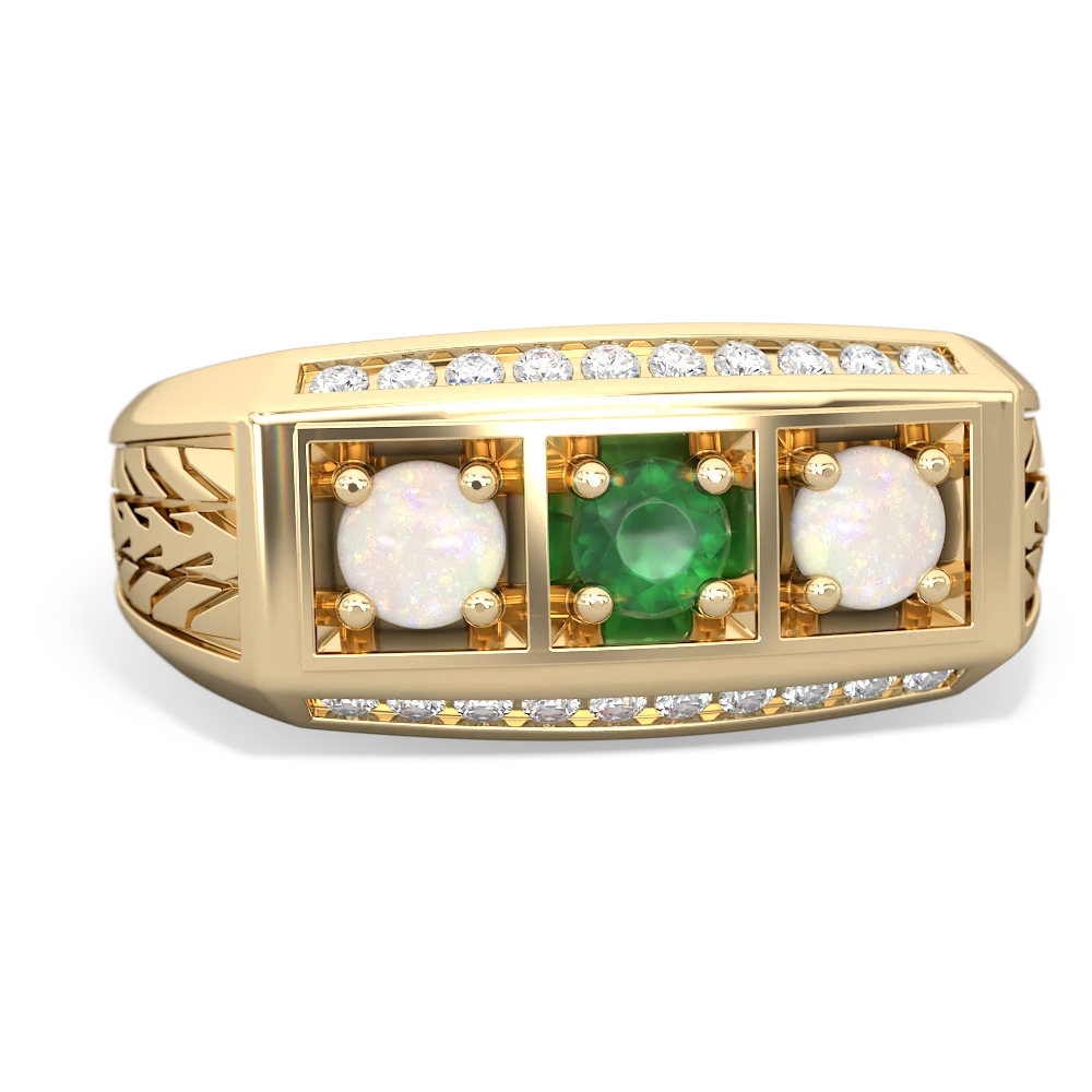 Emerald Three Stone Tire Tread Men's 14K Yellow Gold ring R0520