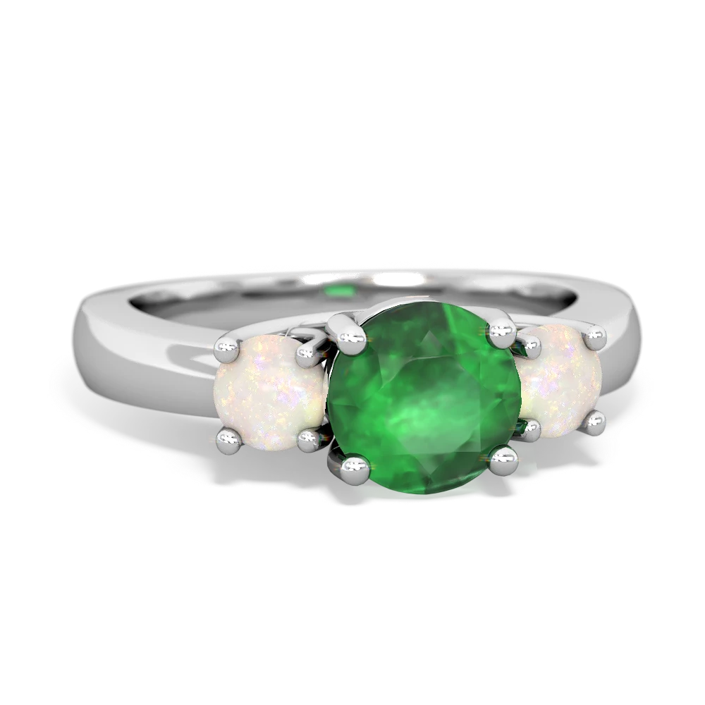 Emerald Three Stone Round Trellis 14K White Gold ring R4018