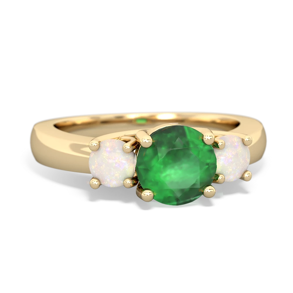 Emerald Three Stone Round Trellis 14K Yellow Gold ring R4018