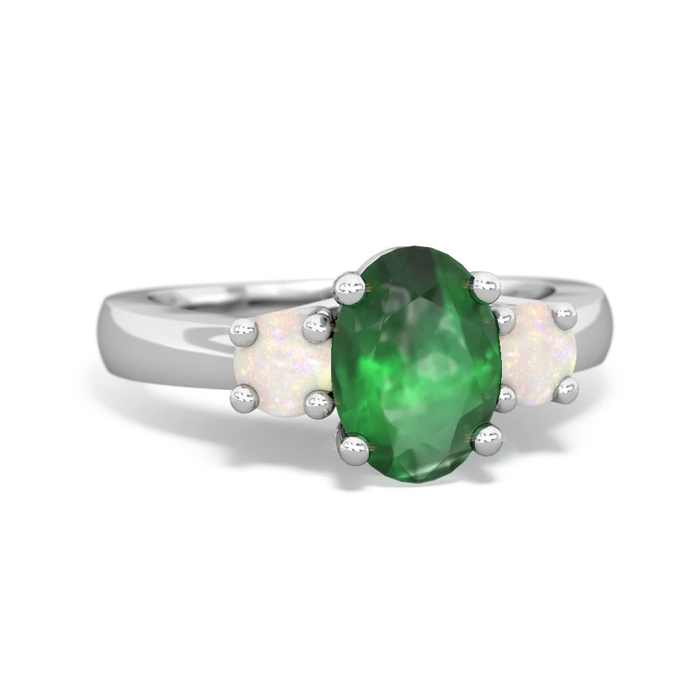 Emerald Three Stone Oval Trellis 14K White Gold ring R4024