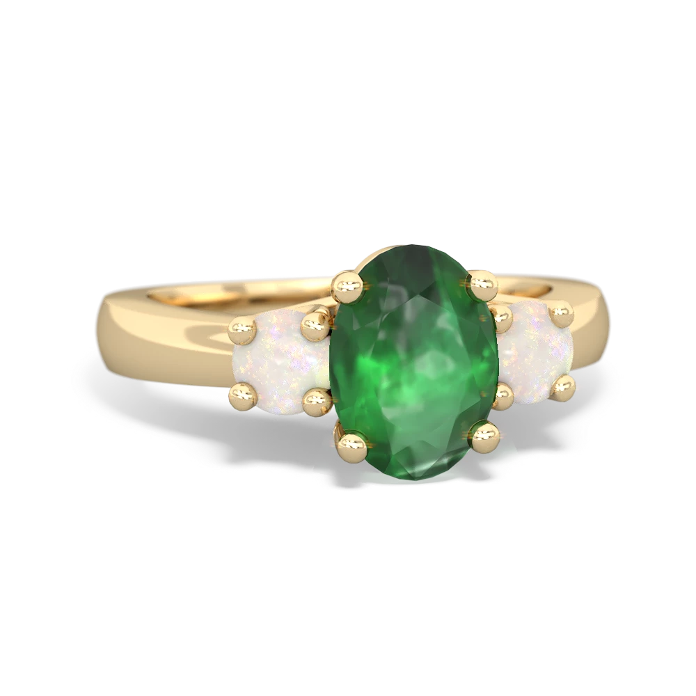 Emerald Three Stone Oval Trellis 14K Yellow Gold ring R4024