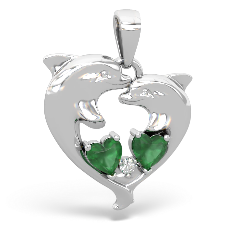 Emerald Dolphin Heart 14K White Gold pendant P5820