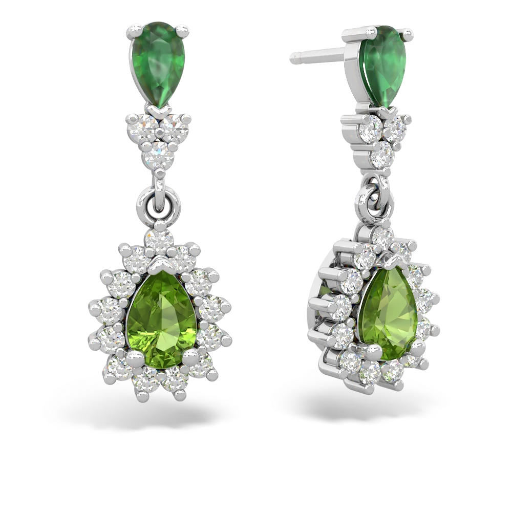 Emerald Halo Pear Dangle 14K White Gold earrings E1882