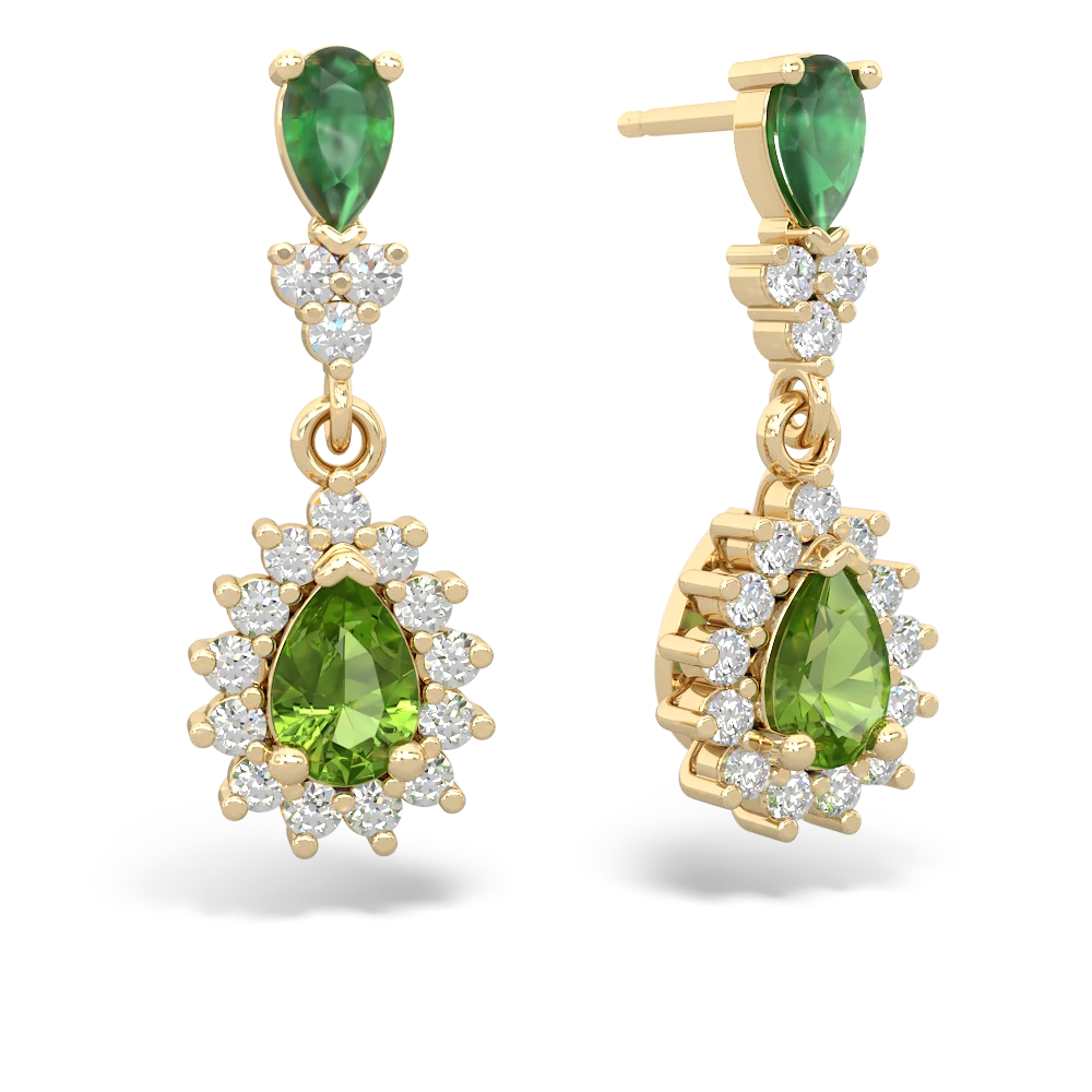 Emerald Halo Pear Dangle 14K Yellow Gold earrings E1882