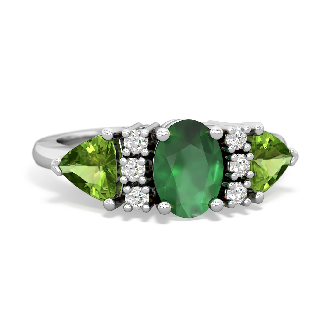 Emerald Antique Style Three Stone 14K White Gold ring R2186