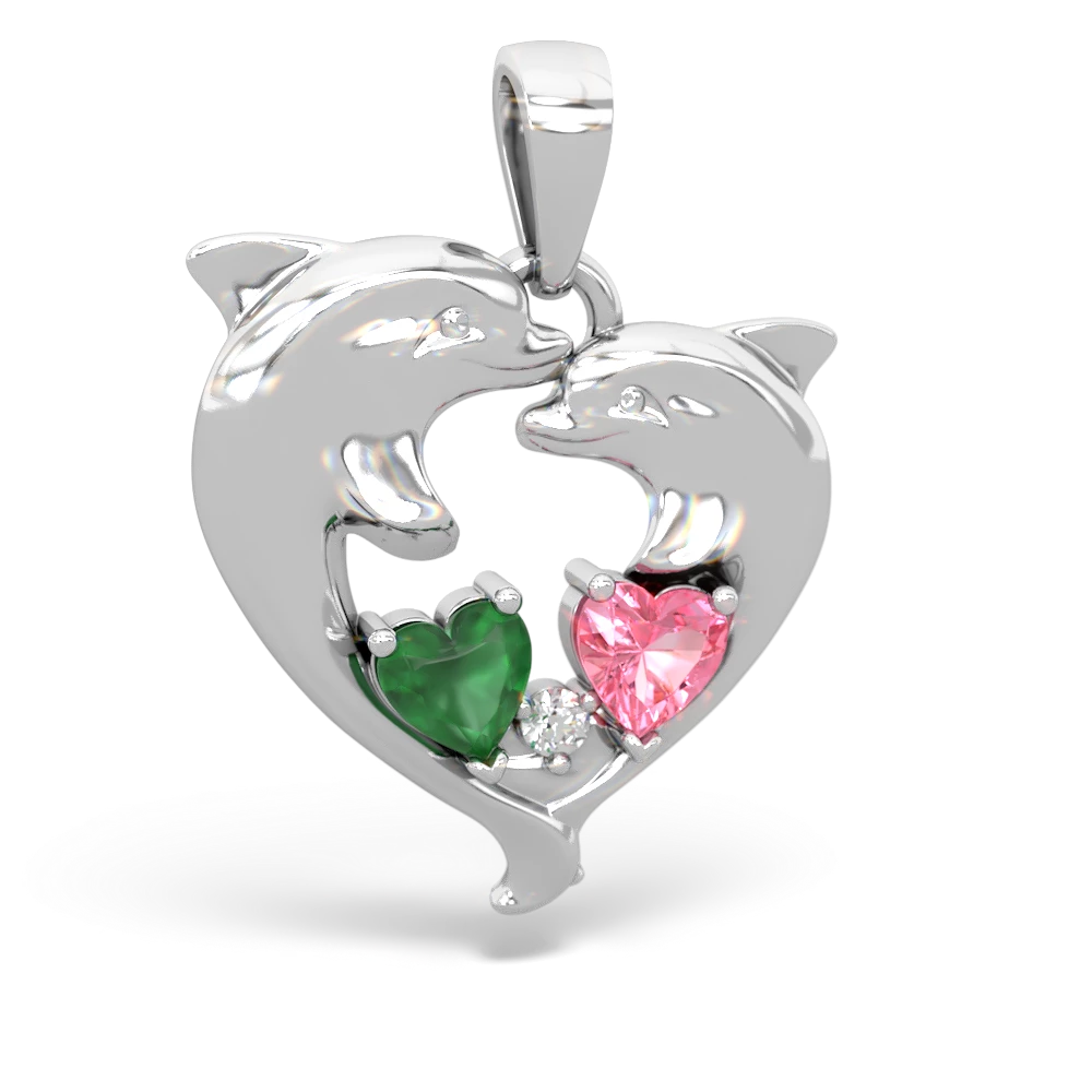 Emerald Dolphin Heart 14K White Gold pendant P5820