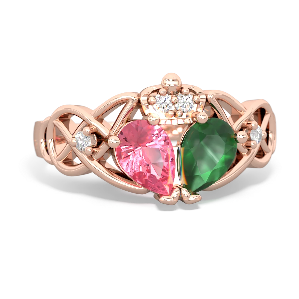 Emerald 'One Heart' Celtic Knot Claddagh 14K Rose Gold ring R5322