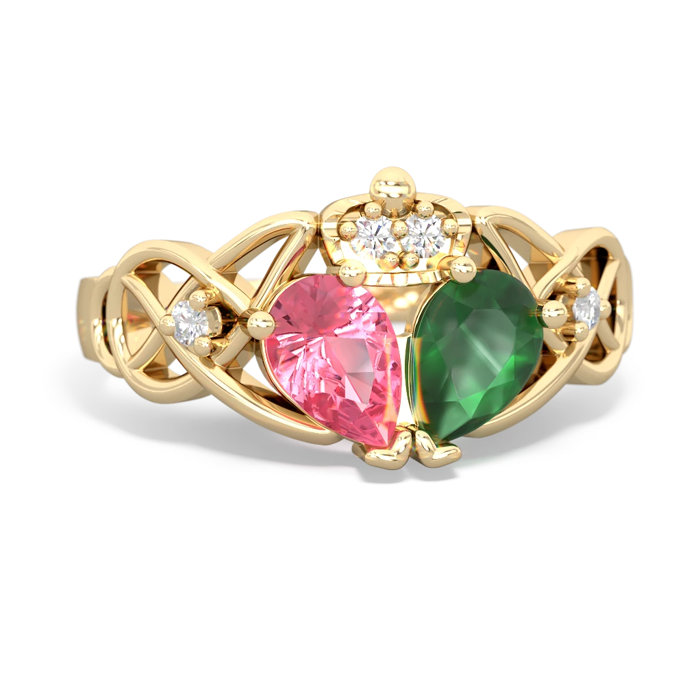 Emerald 'One Heart' Celtic Knot Claddagh 14K Yellow Gold ring R5322