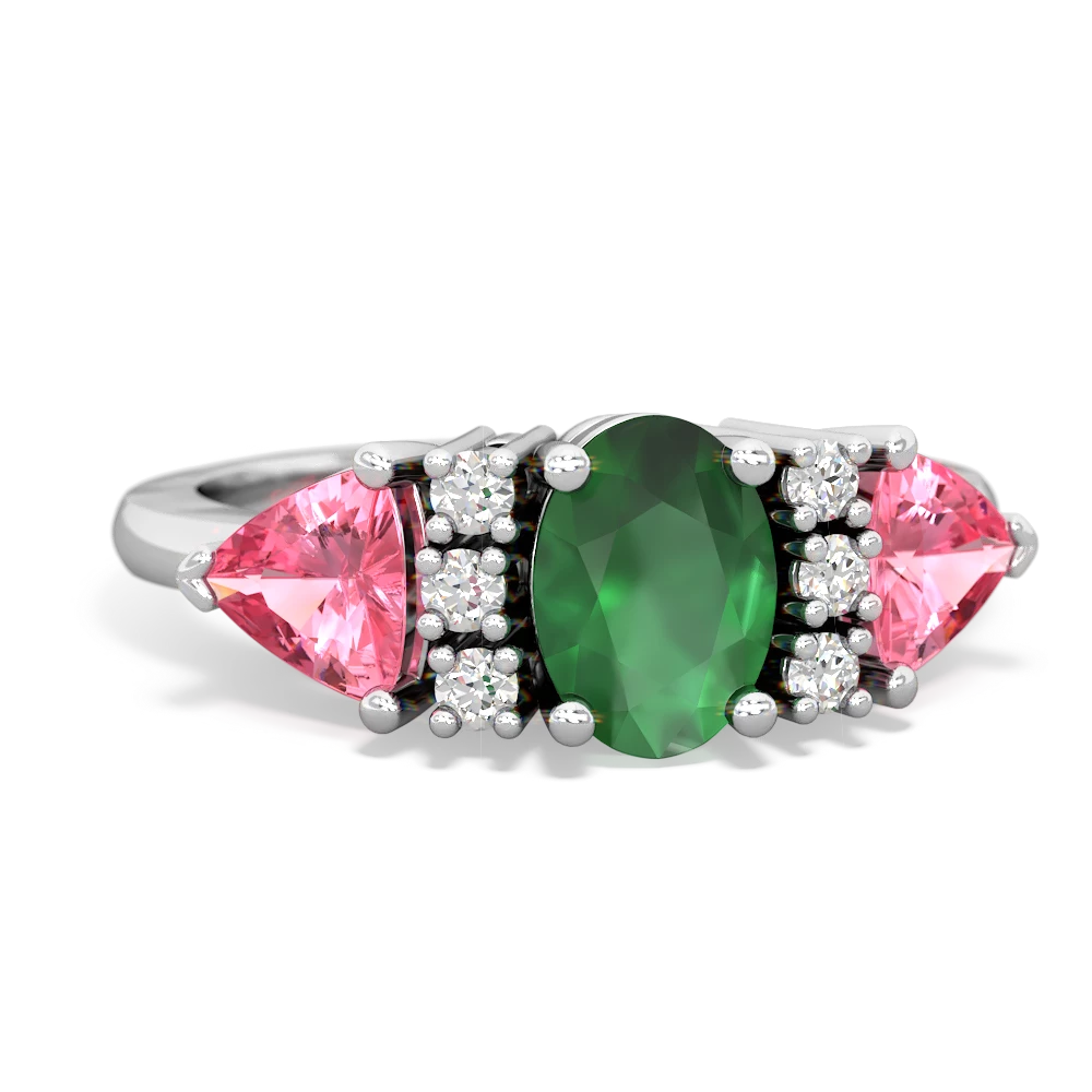 Emerald Antique Style Three Stone 14K White Gold ring R2186