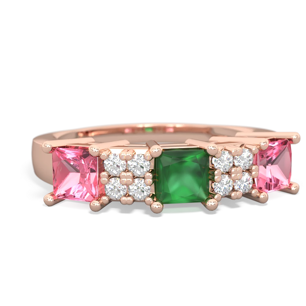 Emerald Three Stone Diamond Cluster 14K Rose Gold ring R2592