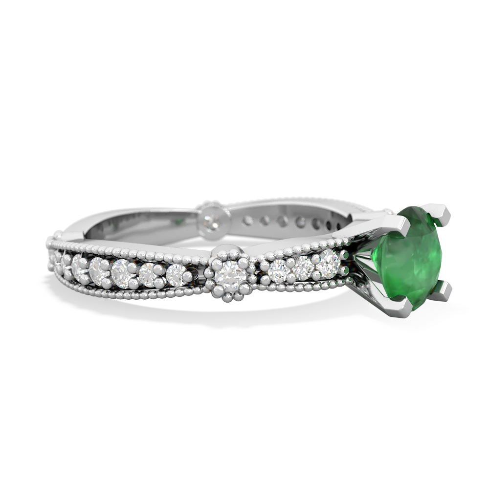 Emerald Milgrain Antique Style 14K White Gold ring R26296RD
