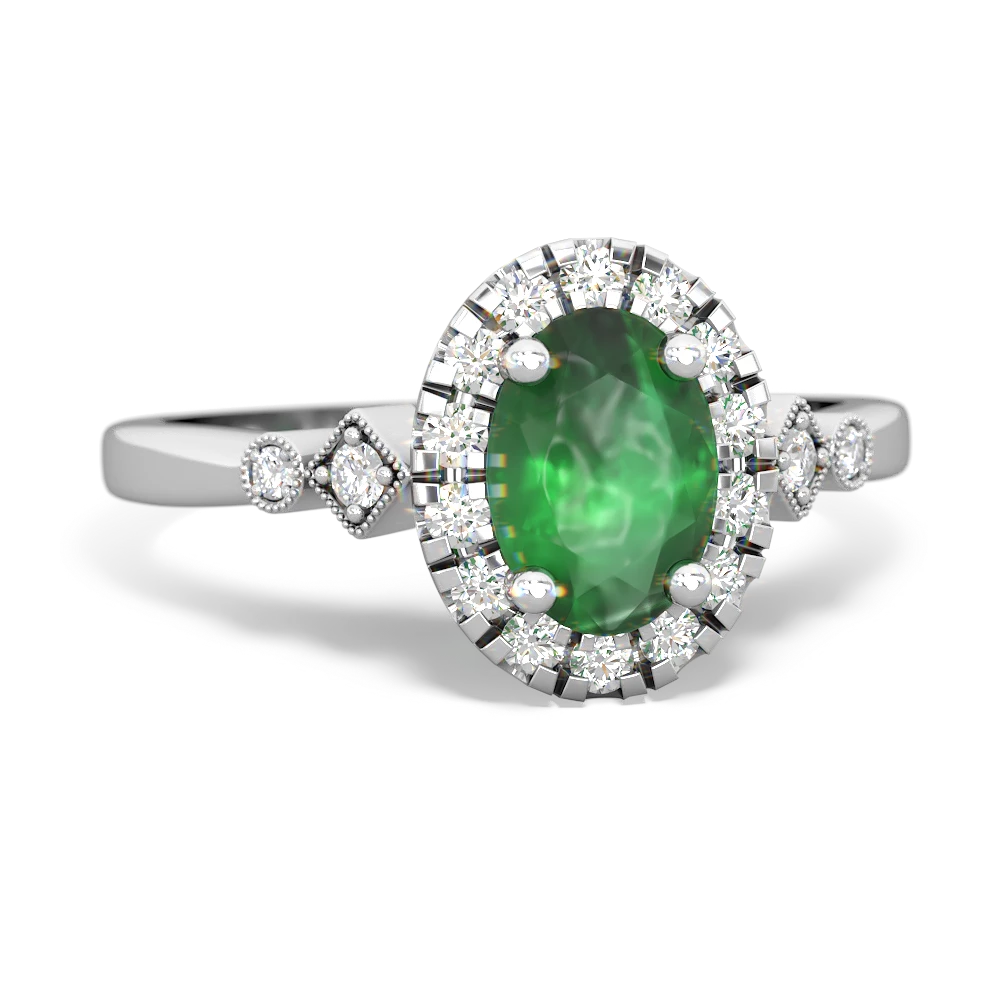 Emerald Antique-Style Halo 14K White Gold ring R5720