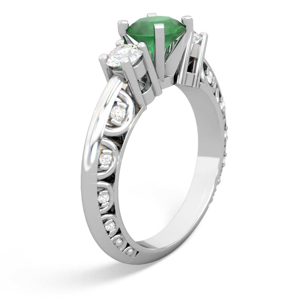 Emerald Art Deco Diamond 6Mm Round Engagment 14K White Gold ring R2003