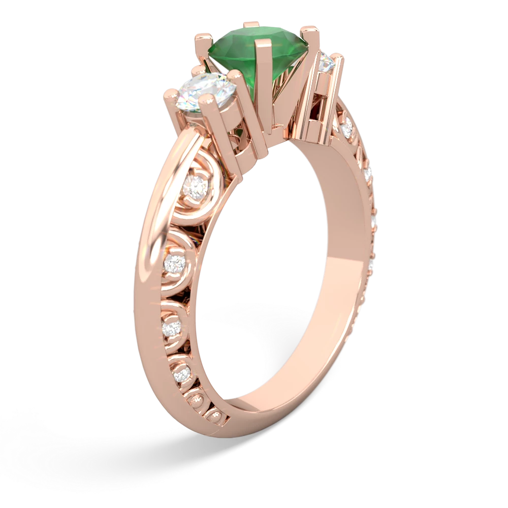 Emerald Art Deco Diamond 6Mm Round Engagment 14K Rose Gold ring R2003