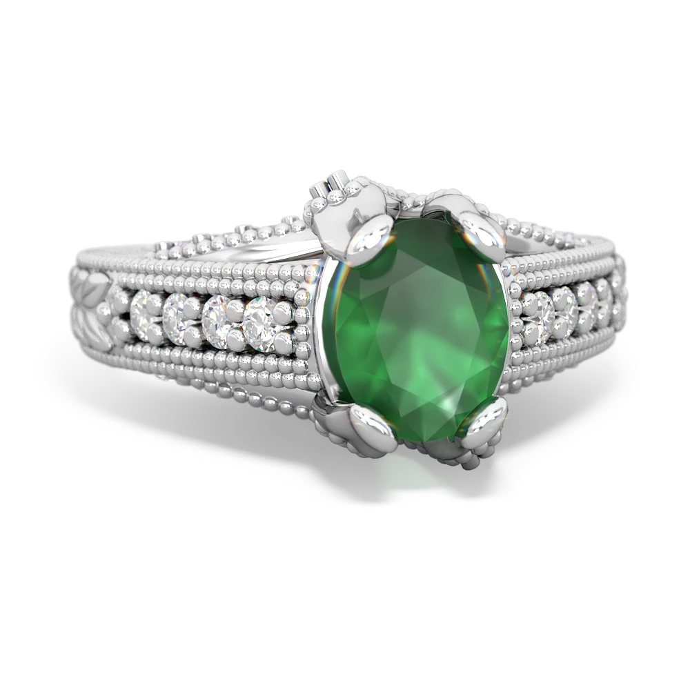 Emerald Antique Style Milgrain Diamond 14K White Gold ring R2028