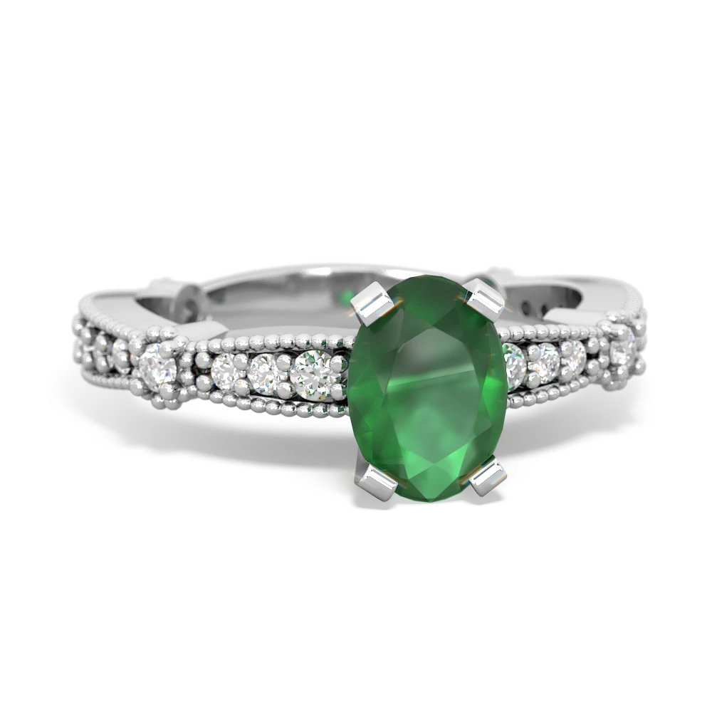 Emerald Milgrain Antique Style 14K White Gold ring R26297VL