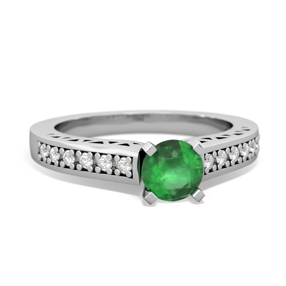 Emerald Art Deco Engagement 5Mm Round 14K White Gold ring R26355RD