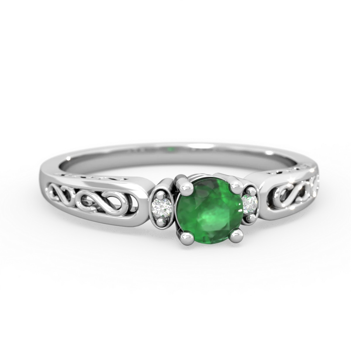 Emerald Filligree Scroll Round 14K White Gold ring R0829