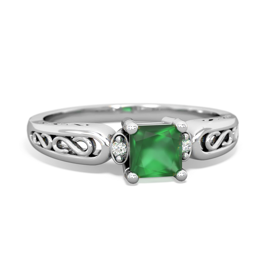 Emerald Filligree Scroll Square 14K White Gold ring R2430