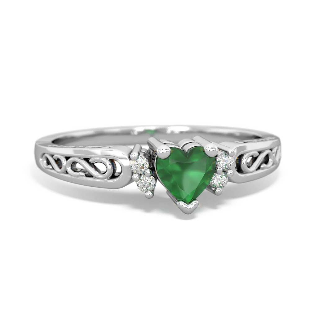 Emerald Filligree Scroll Heart 14K White Gold ring R2429