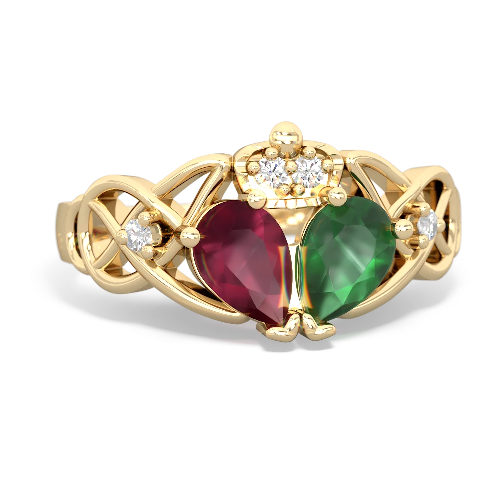 Emerald 'One Heart' Celtic Knot Claddagh 14K Yellow Gold ring R5322