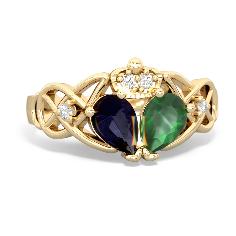 Emerald 'One Heart' Celtic Knot Claddagh 14K Yellow Gold ring R5322