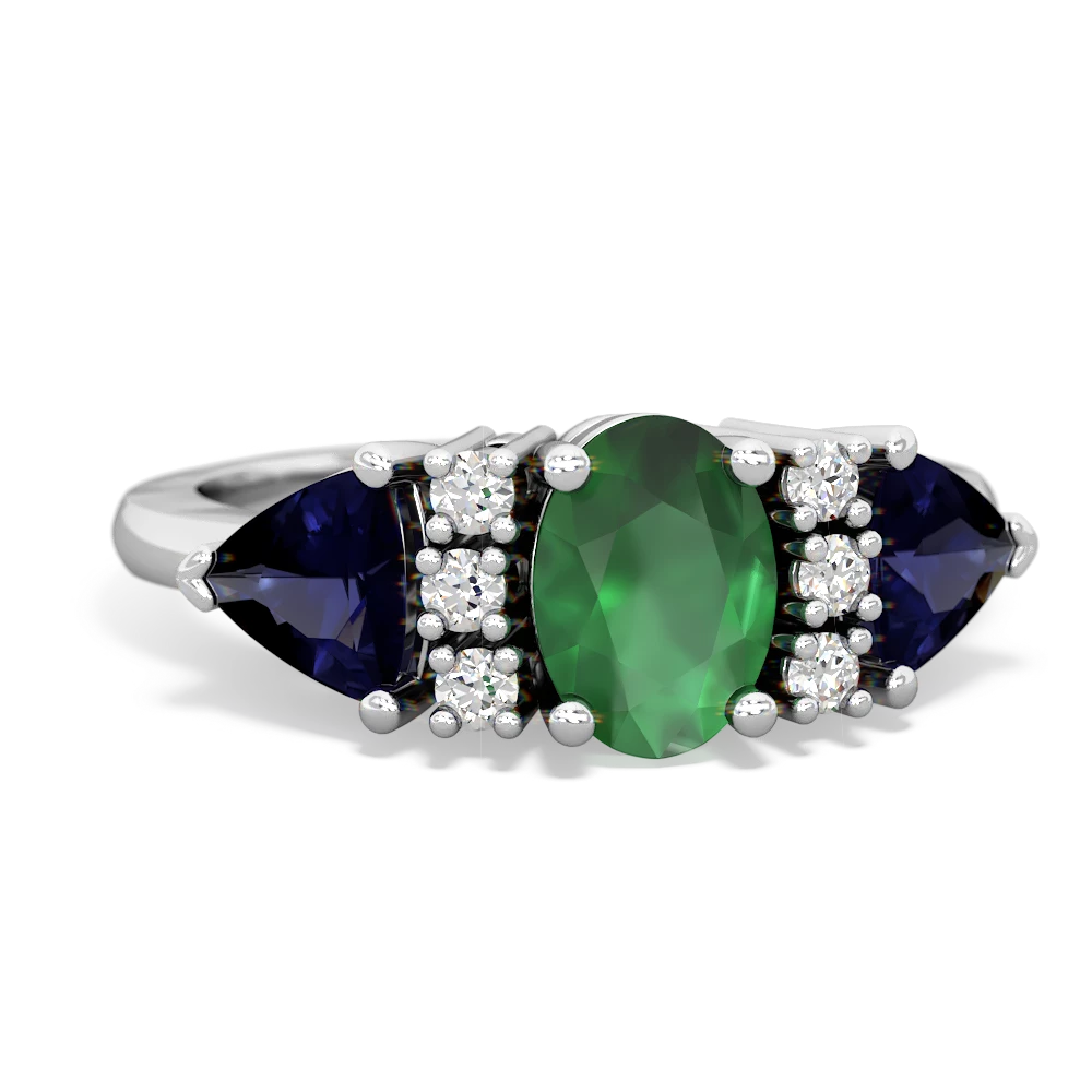 Emerald Antique Style Three Stone 14K White Gold ring R2186